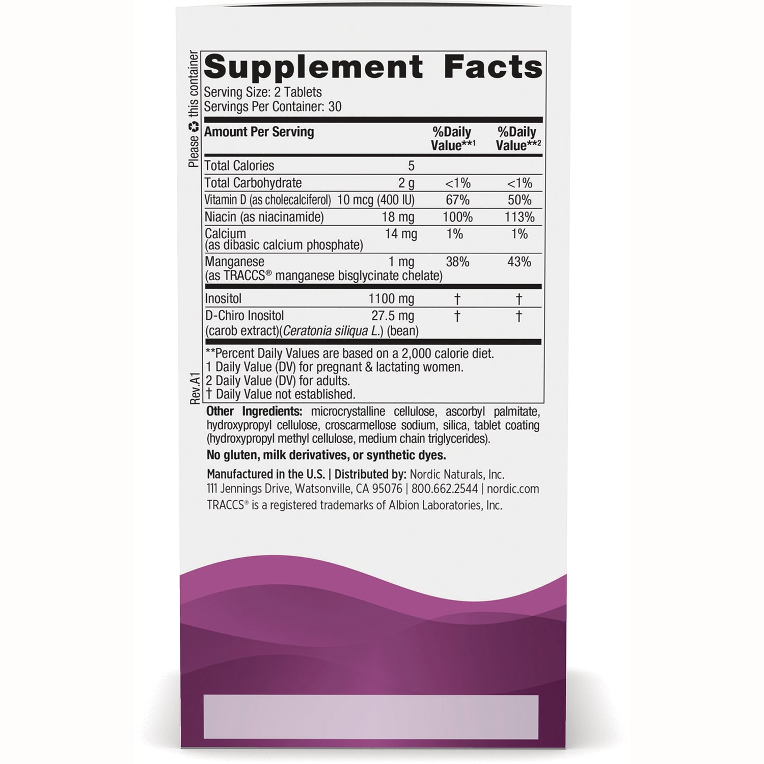 NRN136 | Back of supplement box showing Supplement Facts panel, ingredient list, and purple wave design at bottom