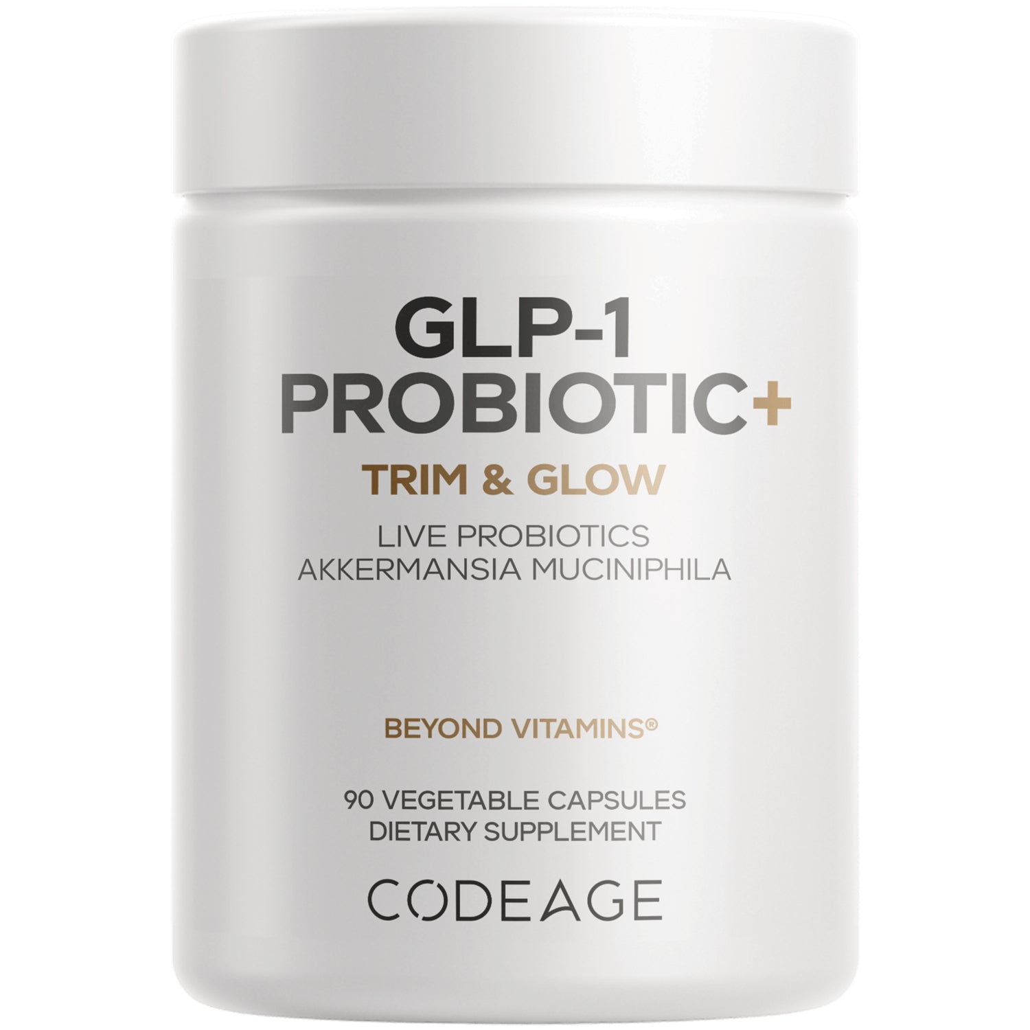 CDG017 | Codeage GLP-1 Probiotic+ white supplement jar front label showing product name and dosage