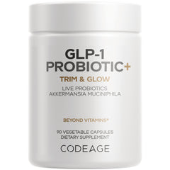 CDG017 | Codeage GLP-1 Probiotic+ white supplement jar front label showing product name and dosage