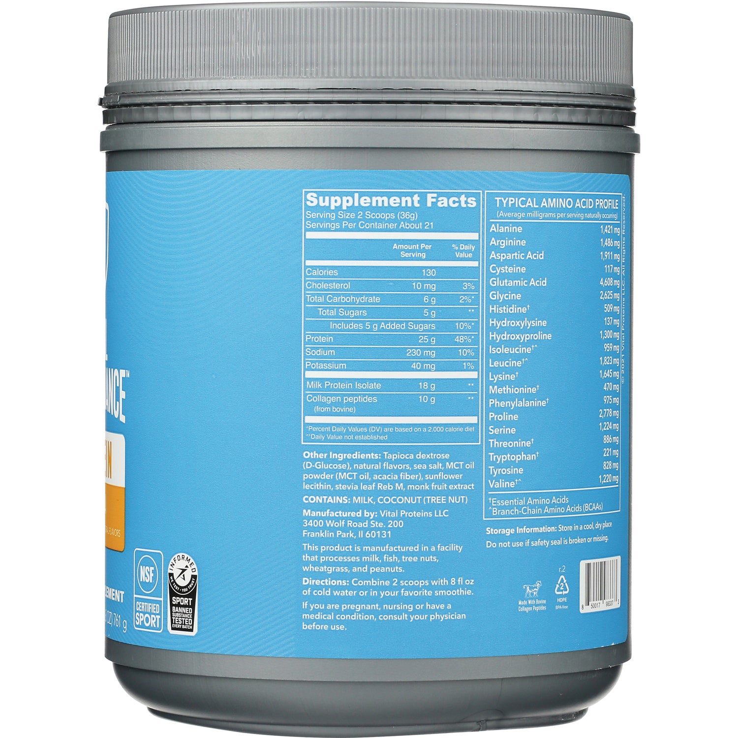 VPR040 | Back of Vital Proteins container showing Supplement Facts, ingredients, amino acid profile, and directions