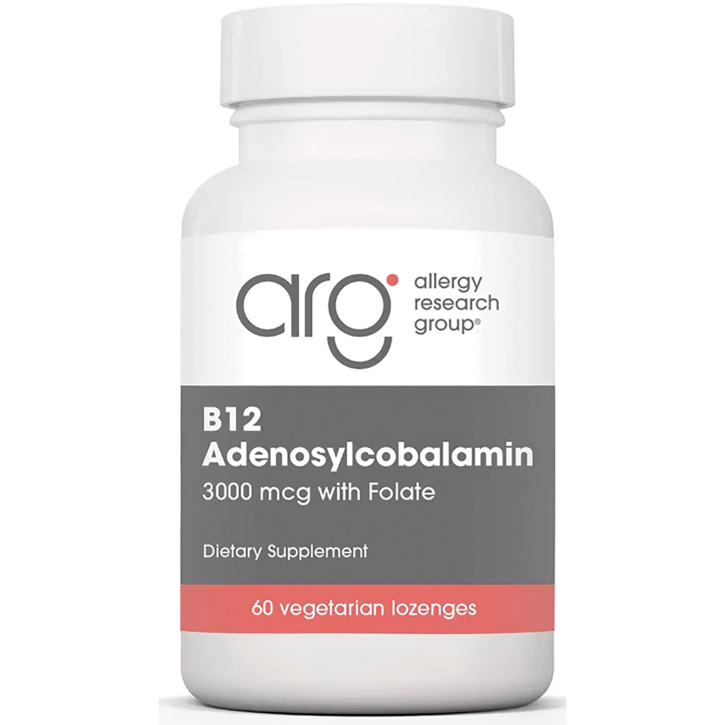 ARG072 | White supplement bottle labeled arg B12 Adenosylcobalamin 3000 mcg with Folate 60 vegetarian lozenges - Thumbnail