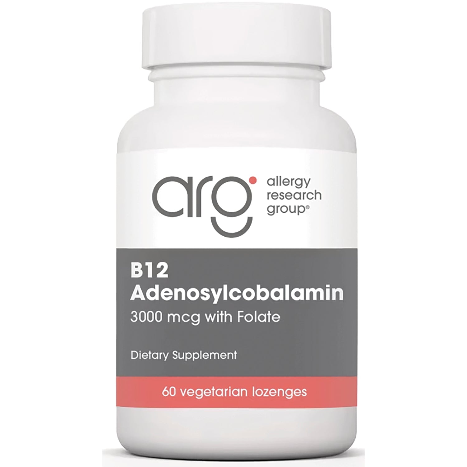 ARG072 | White supplement bottle labeled arg B12 Adenosylcobalamin 3000 mcg with Folate 60 vegetarian lozenges
