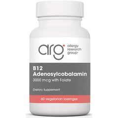 ARG072 | White supplement bottle labeled arg B12 Adenosylcobalamin 3000 mcg with Folate 60 vegetarian lozenges