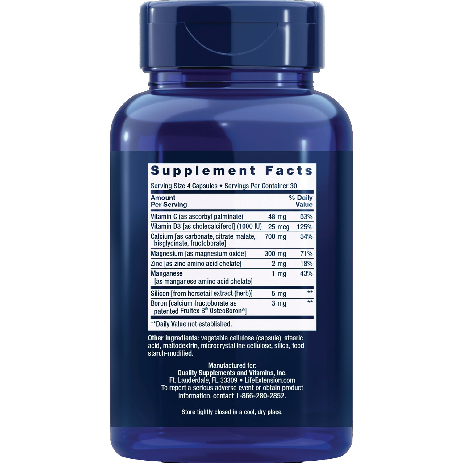 LE228 | Back label of blue supplement bottle showing Supplement Facts table, ingredients and manufacturer info