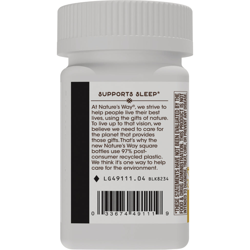 NW784 | back label of white supplement bottle showing SUPPORTS SLEEP heading, product blurb and barcode - Thumbnail