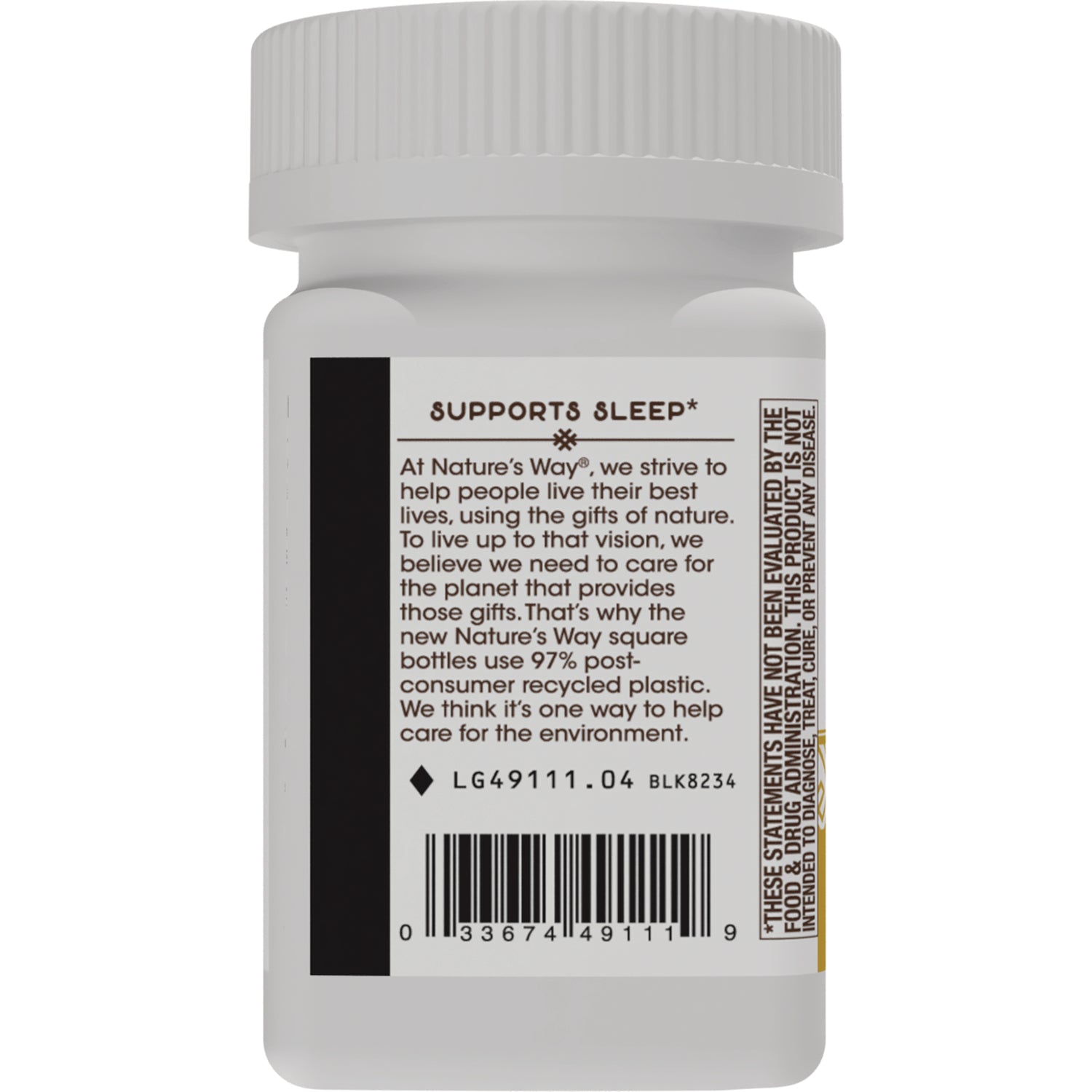 NW784 | back label of white supplement bottle showing SUPPORTS SLEEP heading, product blurb and barcode