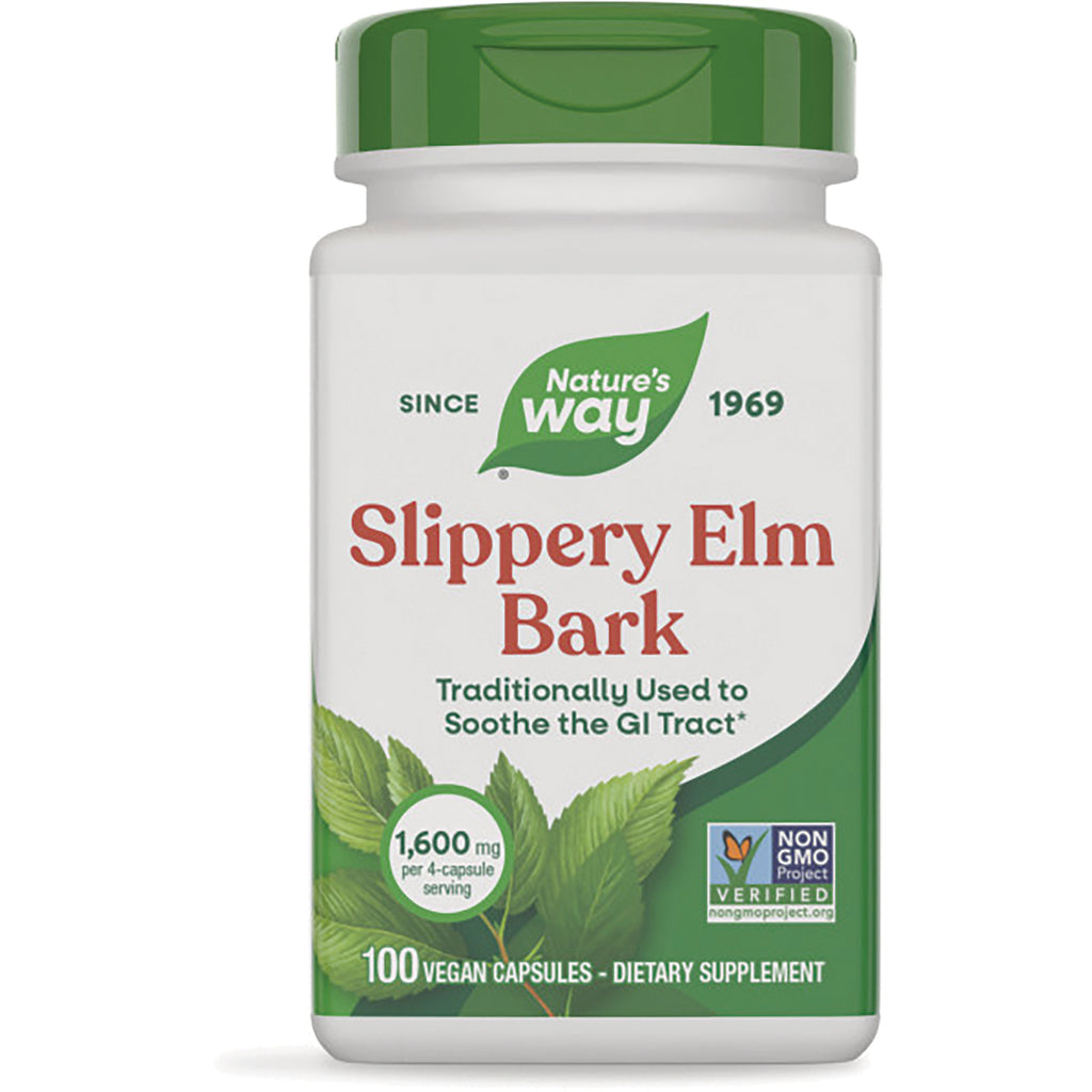 NW168 | Nature's Way Slippery Elm Bark white bottle with green cap labeled 1,600 mg and 100 vegan capsules - Thumbnail