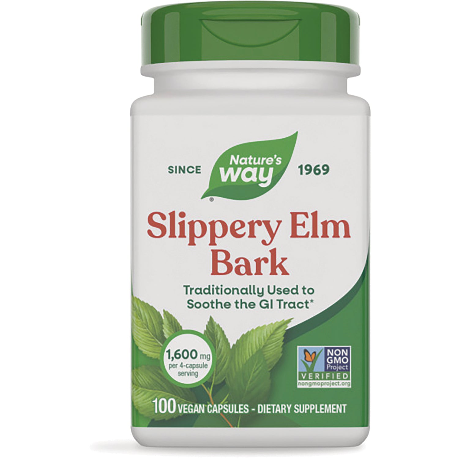 NW168 | Nature's Way Slippery Elm Bark white bottle with green cap labeled 1,600 mg and 100 vegan capsules
