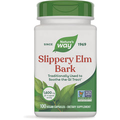 NW168 | Nature's Way Slippery Elm Bark white bottle with green cap labeled 1,600 mg and 100 vegan capsules