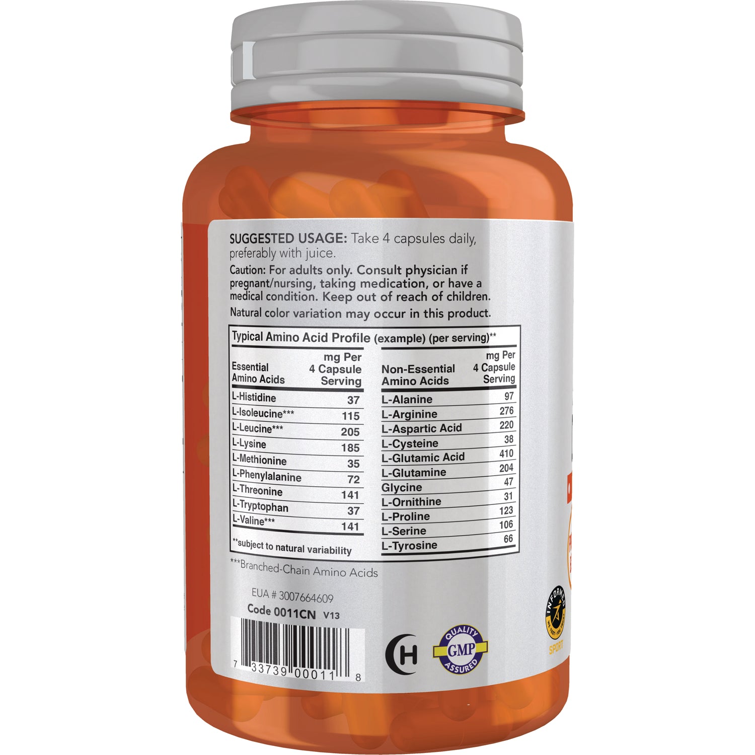 NWF725 | back label of orange supplement bottle showing suggested usage and amino acid profile table