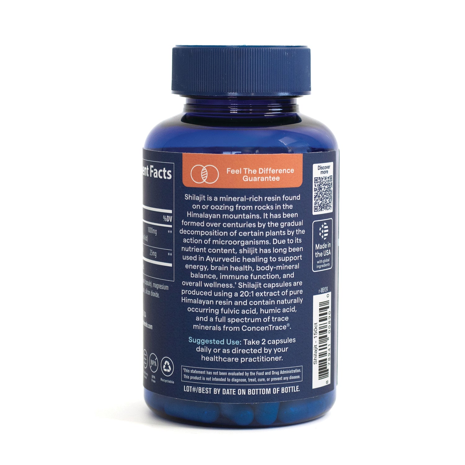 TM156 | Back label of shilajit supplement bottle with Feel The Difference Guarantee, usage: Take 2 capsules daily