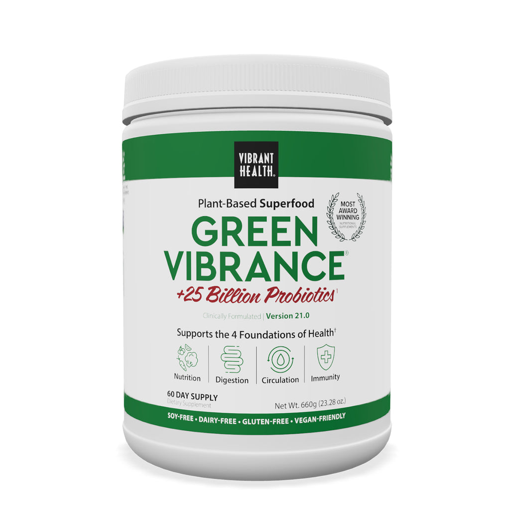 VH001 | Vibrant Health Green Vibrance plant-based superfood powder, +25 Billion Probiotics, 660g jar front - Thumbnail