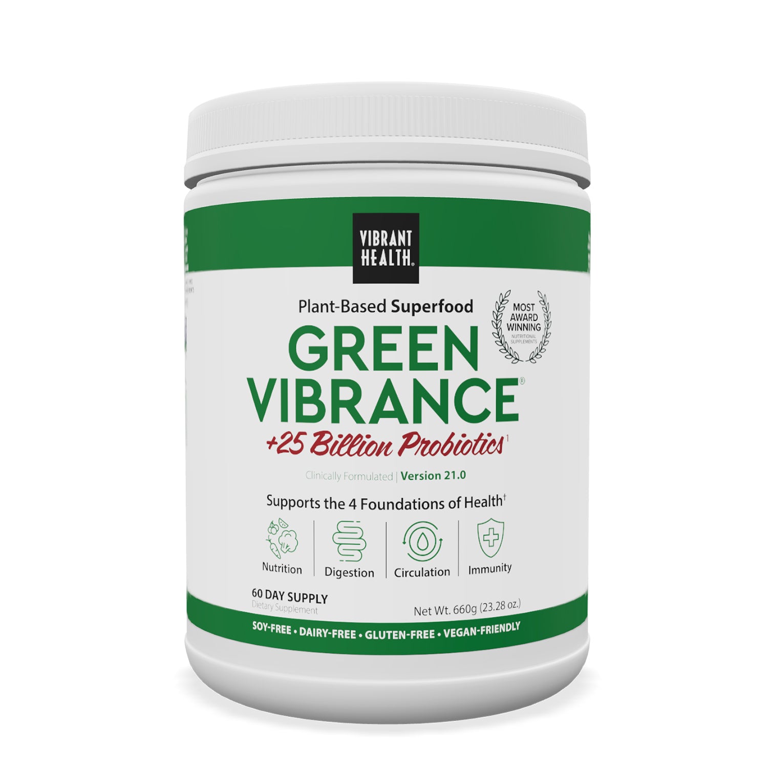 VH001 | Vibrant Health Green Vibrance plant-based superfood powder, +25 Billion Probiotics, 660g jar front