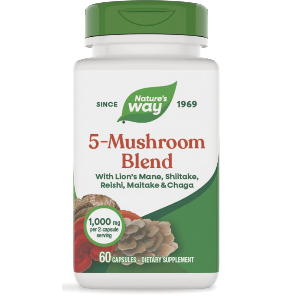 NW1073 | Nature's Way 5-Mushroom Blend supplement bottle front label, 60 capsules, 1,000 mg per 2-capsule serving - Thumbnail