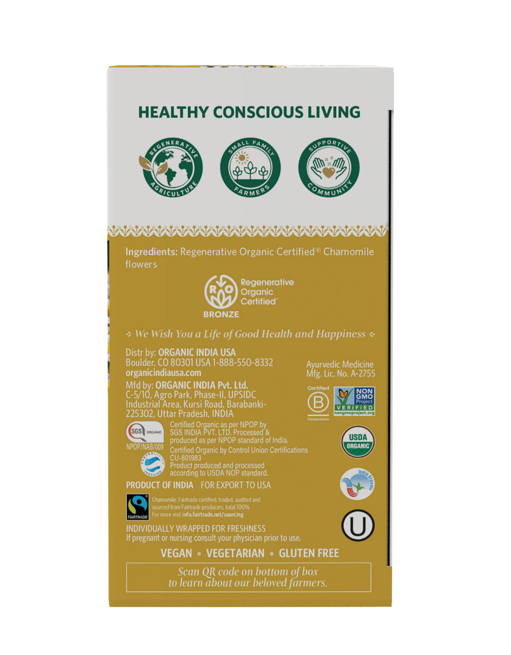 RGN104 | back of chamomile tea box showing ingredients, certifications, distributor details and vegan vegetarian gluten free labels - Thumbnail