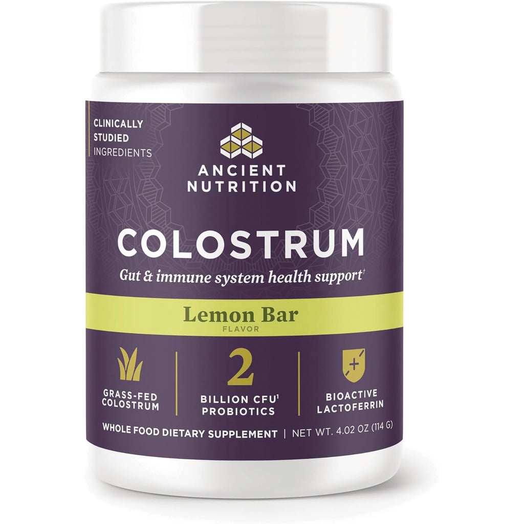 ATN149 | Ancient Nutrition Colostrum Lemon Bar supplement container front label showing brand name and 2 billion CFU probiotics - Thumbnail