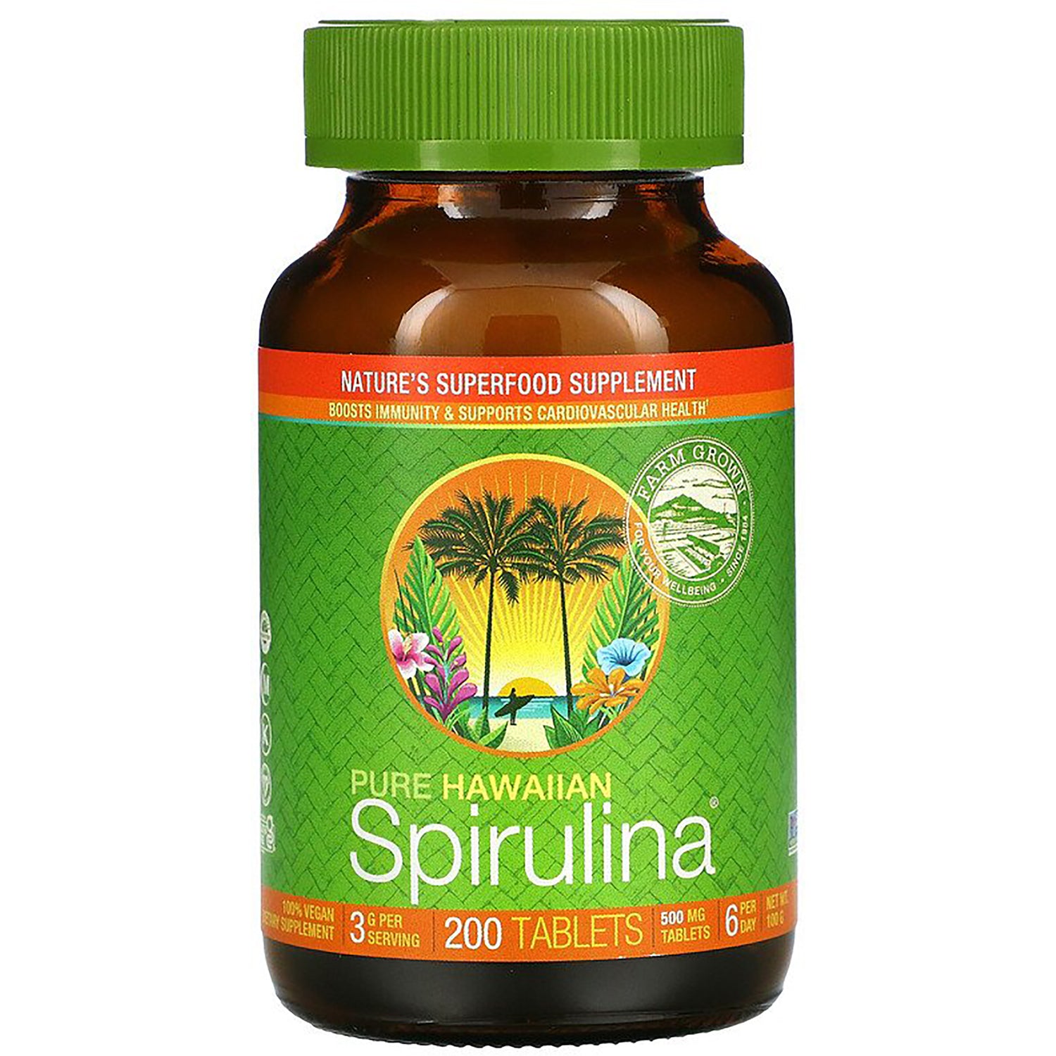 NUT003 | Bottle of Pure Hawaiian Spirulina 200 tablets with green label and green screw cap