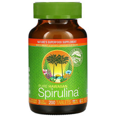 NUT003 | Bottle of Pure Hawaiian Spirulina 200 tablets with green label and green screw cap