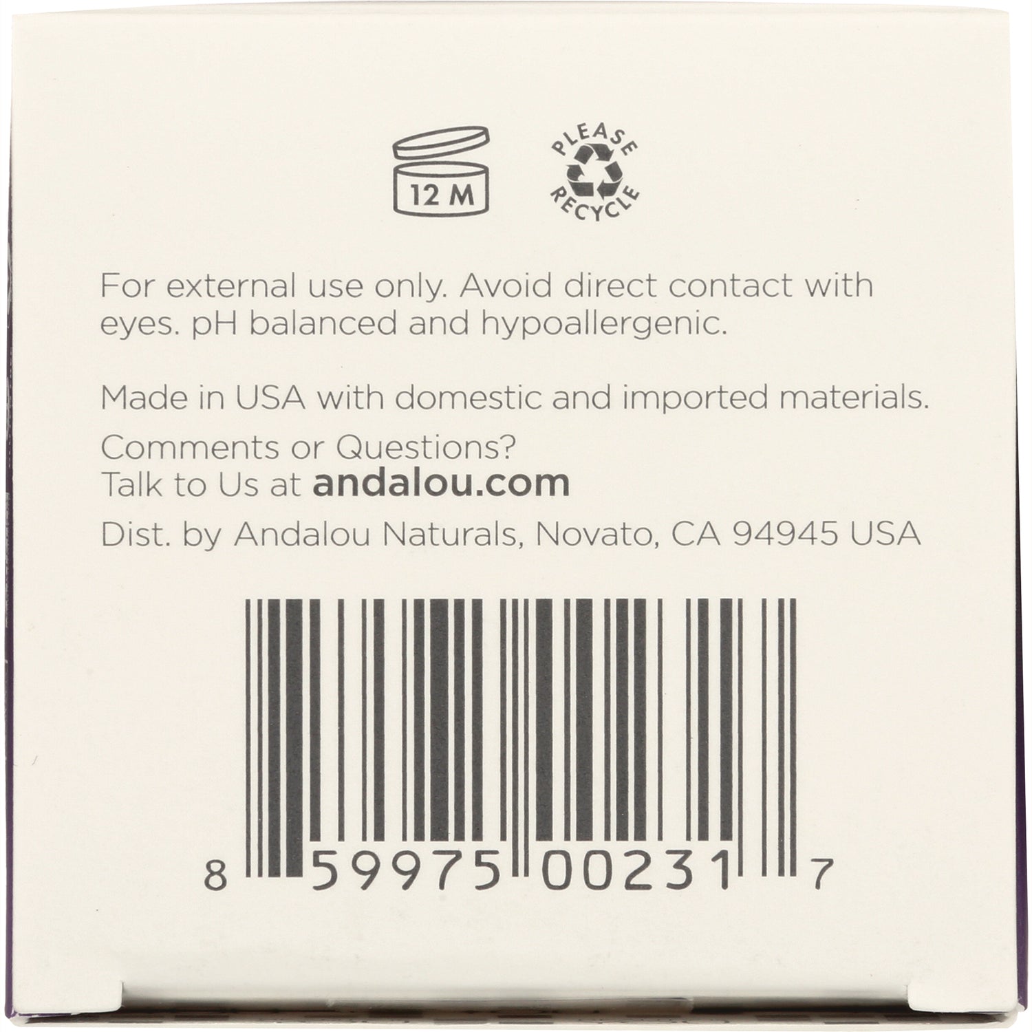 ADN009 | Back panel with usage warnings, andalou.com text and barcode