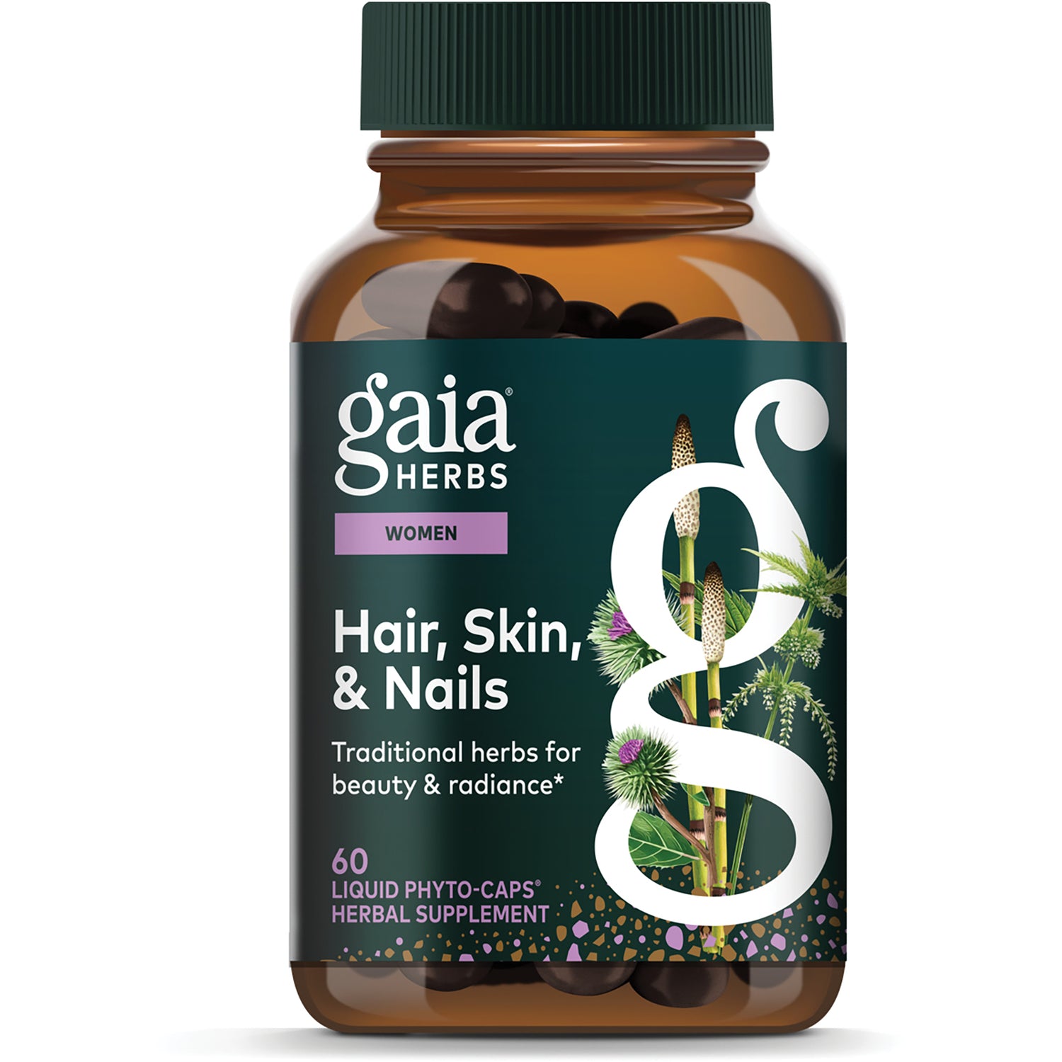 GH082 | Gaia Herbs Hair, Skin & Nail Support bottle front with label showing 60 vegan liquid phyto-caps
