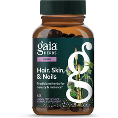 GH082 | Gaia Herbs Hair, Skin & Nail Support bottle front with label showing 60 vegan liquid phyto-caps
