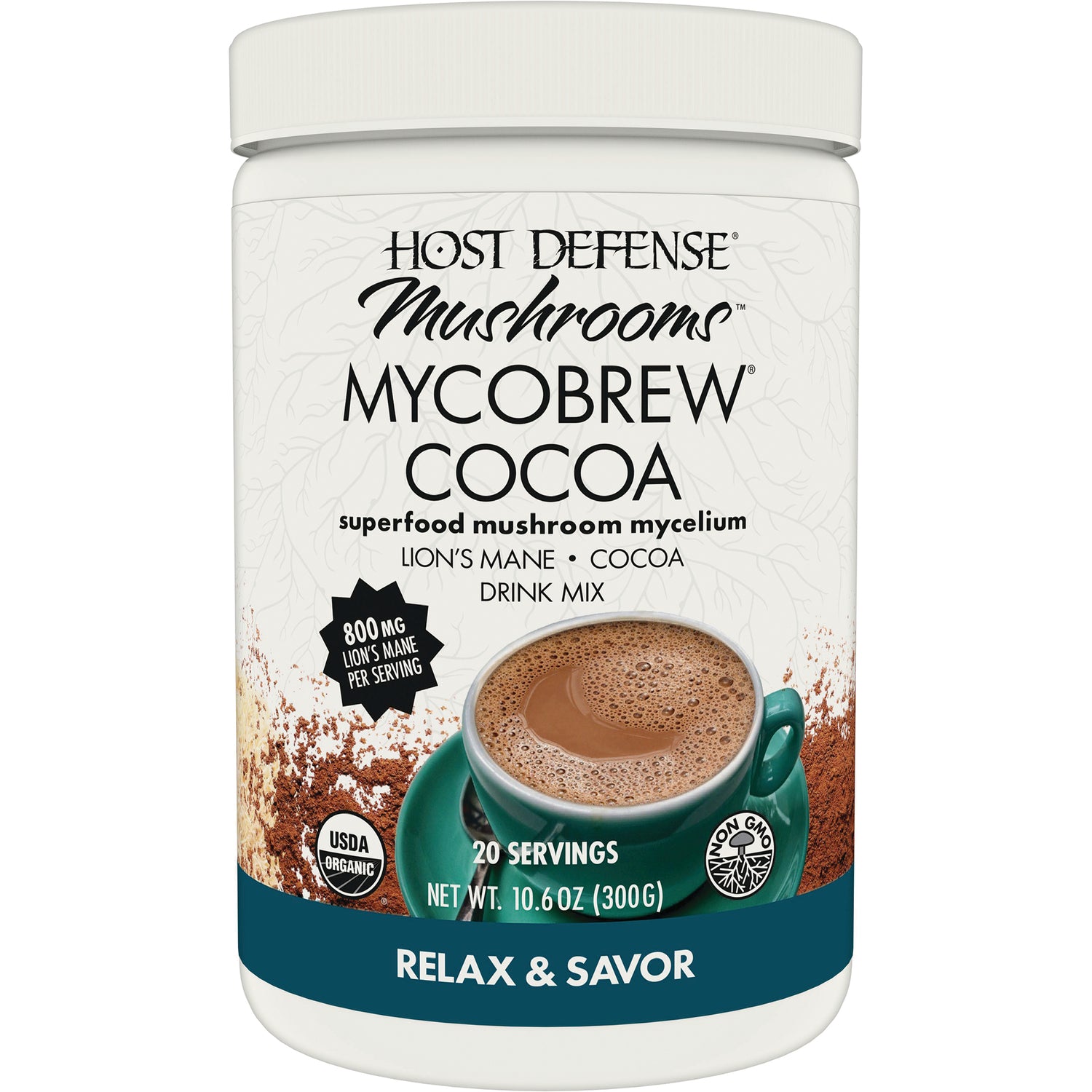FUN017 | Host Defense Mycobrew Cocoa mushroom drink mix container showing cup of cocoa and RELAX & SAVOR label