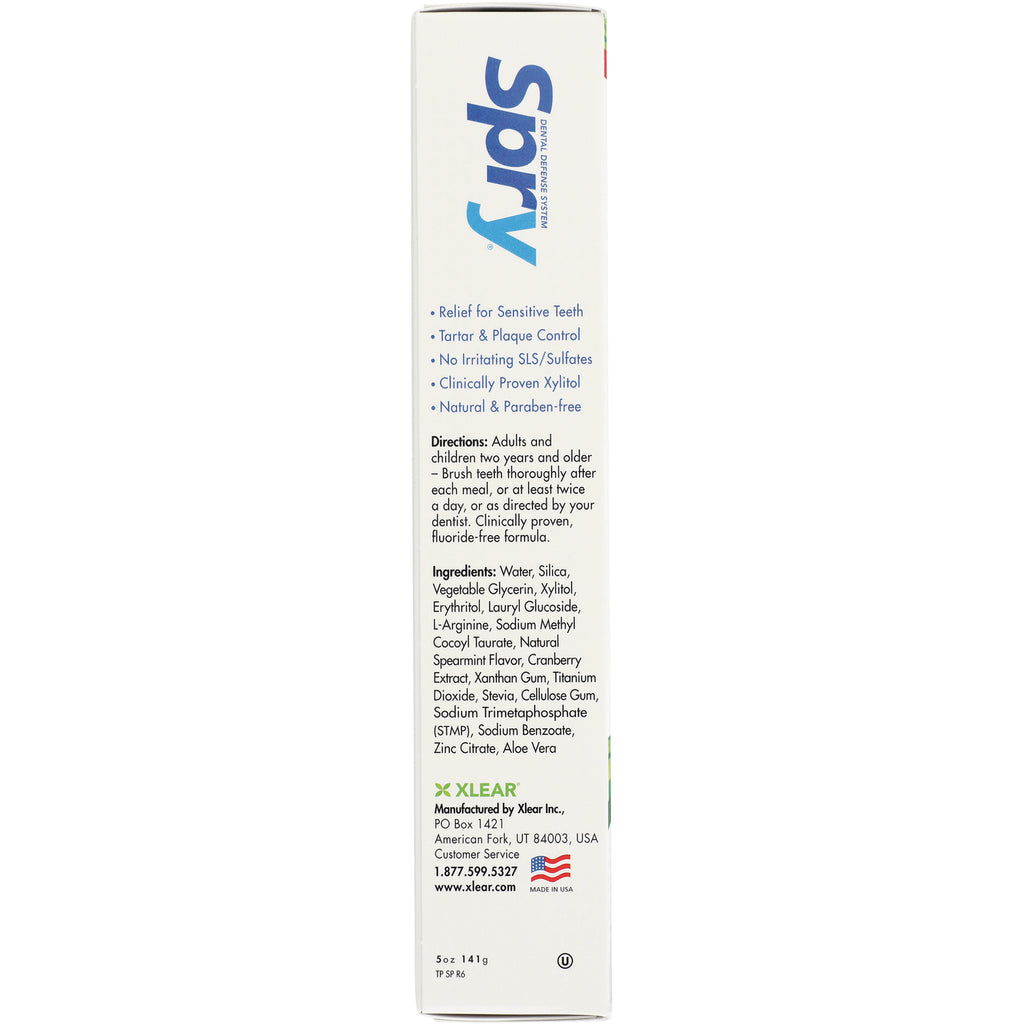 XL057 | Spry toothpaste side panel showing claims: Relief for Sensitive Teeth, SLS-free, ingredients list - Thumbnail