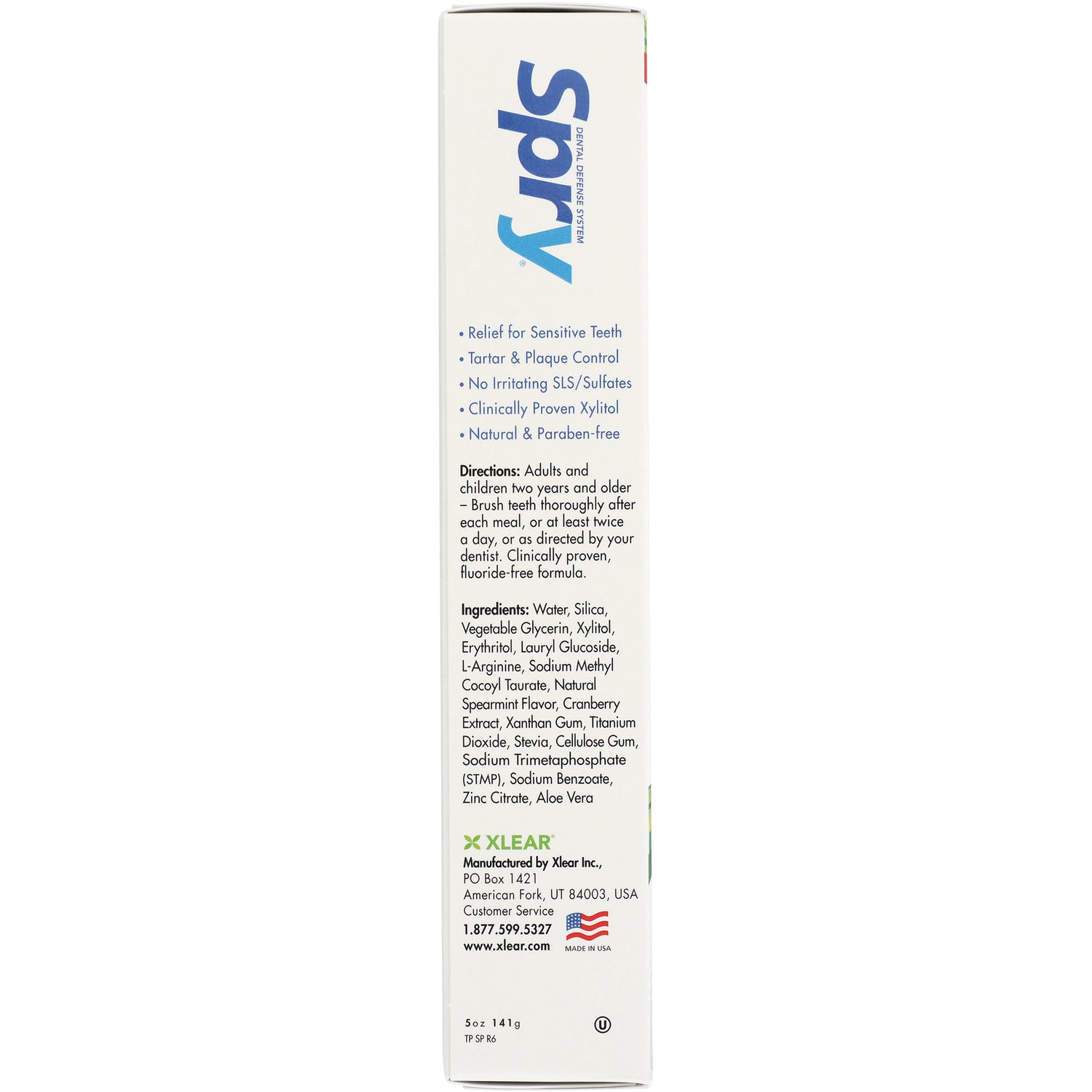 XL057 | Spry toothpaste side panel showing claims: Relief for Sensitive Teeth, SLS-free, ingredients list