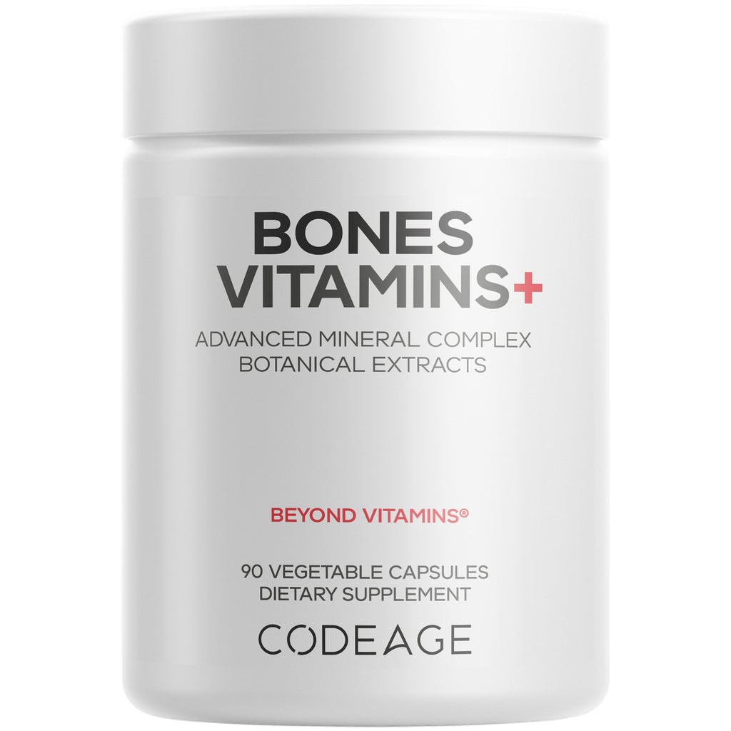 CDG044 | White supplement bottle front labeled BONES VITAMINS+ advanced mineral complex, 90 vegetable capsules, CODEAGE - Thumbnail