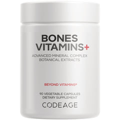 CDG044 | White supplement bottle front labeled BONES VITAMINS+ advanced mineral complex, 90 vegetable capsules, CODEAGE