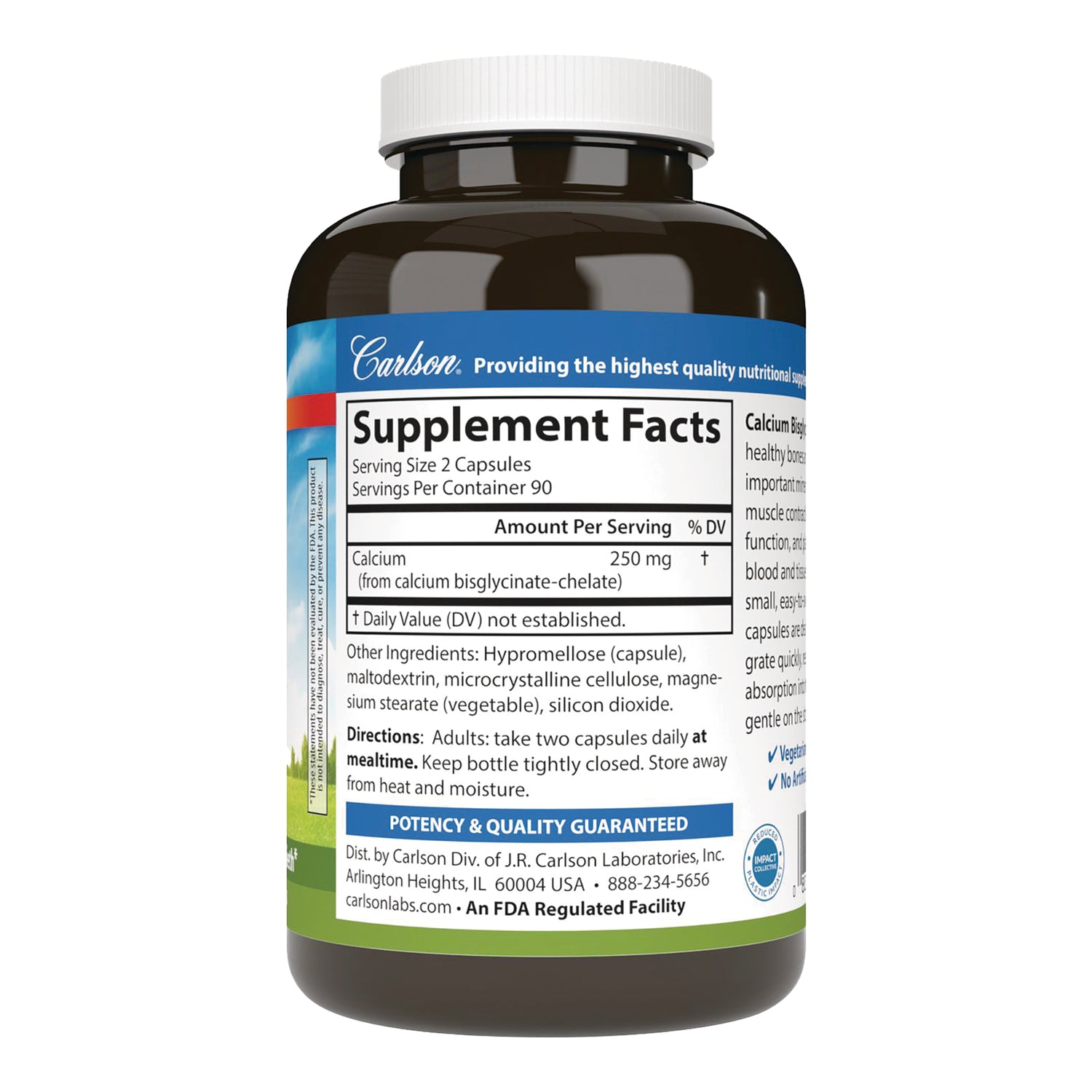 CSN326 | Back label on brown supplement bottle showing Supplement Facts panel with calcium 250 mg and directions