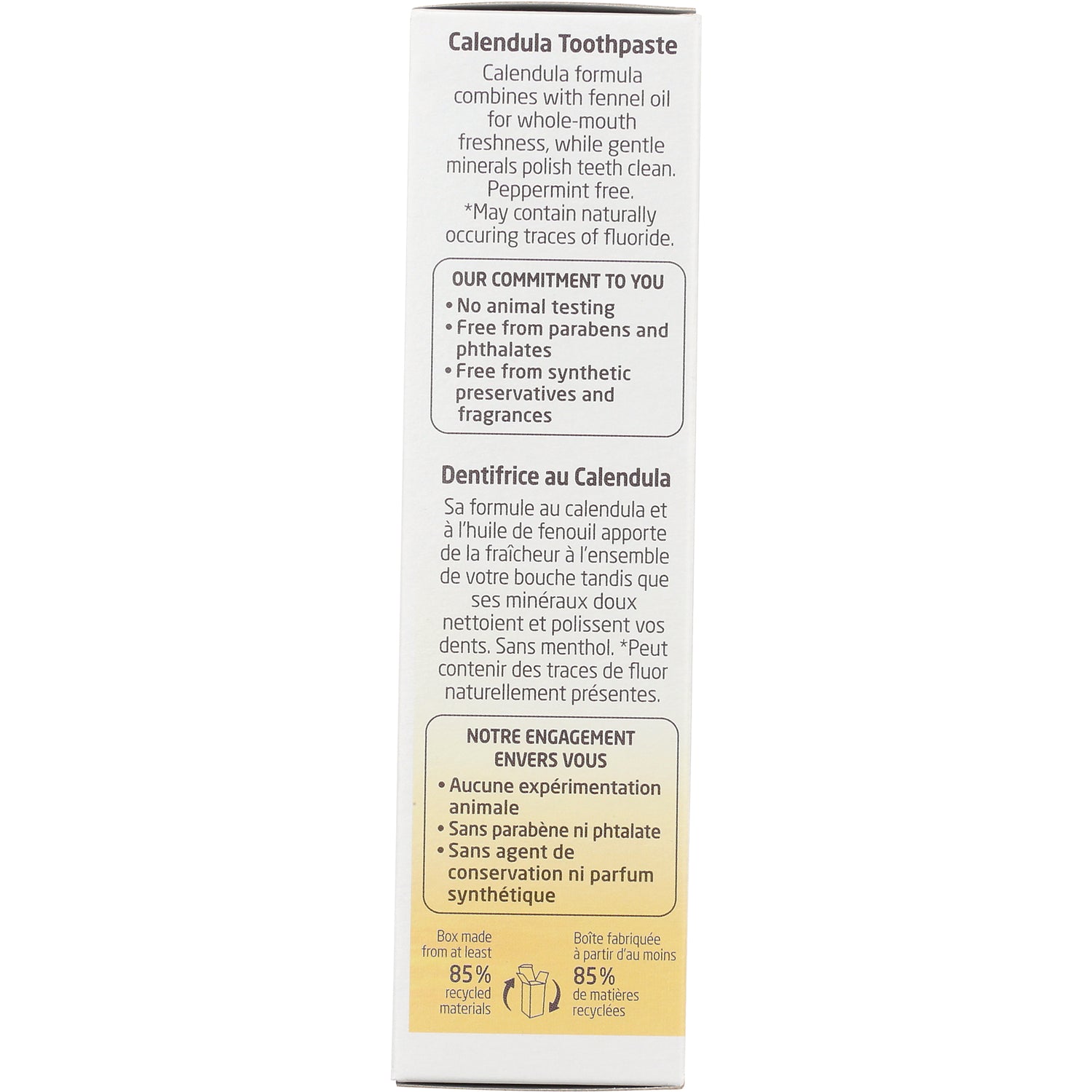 WEL038 | Calendula Toothpaste side panel with 'Our Commitment to You'no animal testing, free from parabens and phthalates