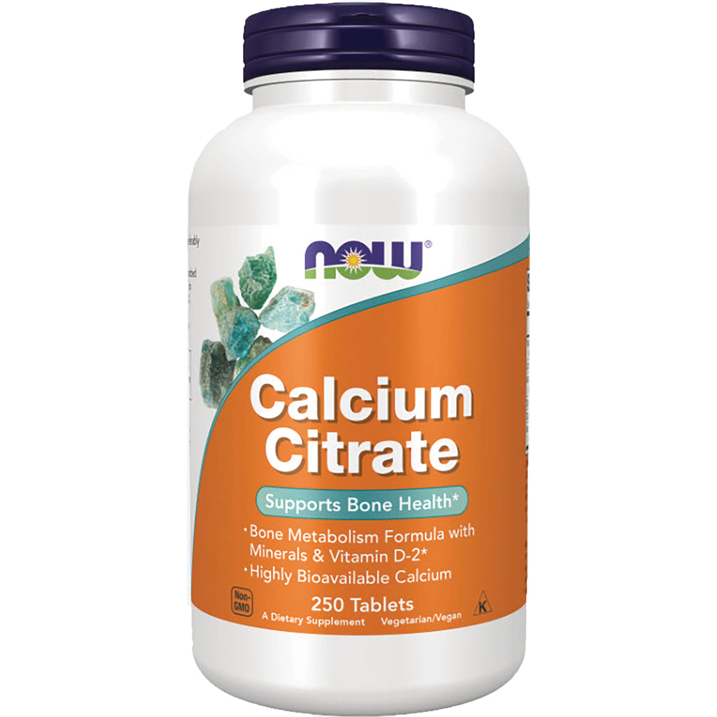 NWF032 | NOW Calcium Citrate 250 tablets white bottle with orange label supports bone health - Thumbnail