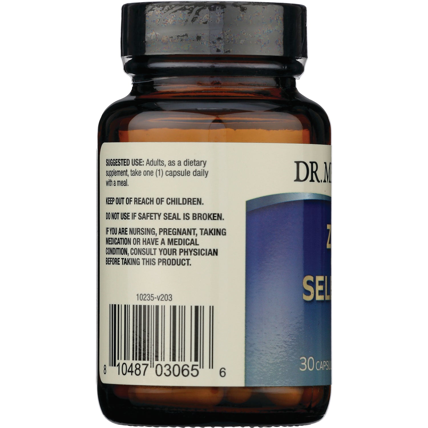 MRC102 | back label of amber supplement bottle showing warnings, barcode and partial product panel