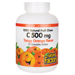 NFC007 | Front view of Natural Factors C 500 mg tangy orange chewable wafers bottle with illustrated smiling oranges