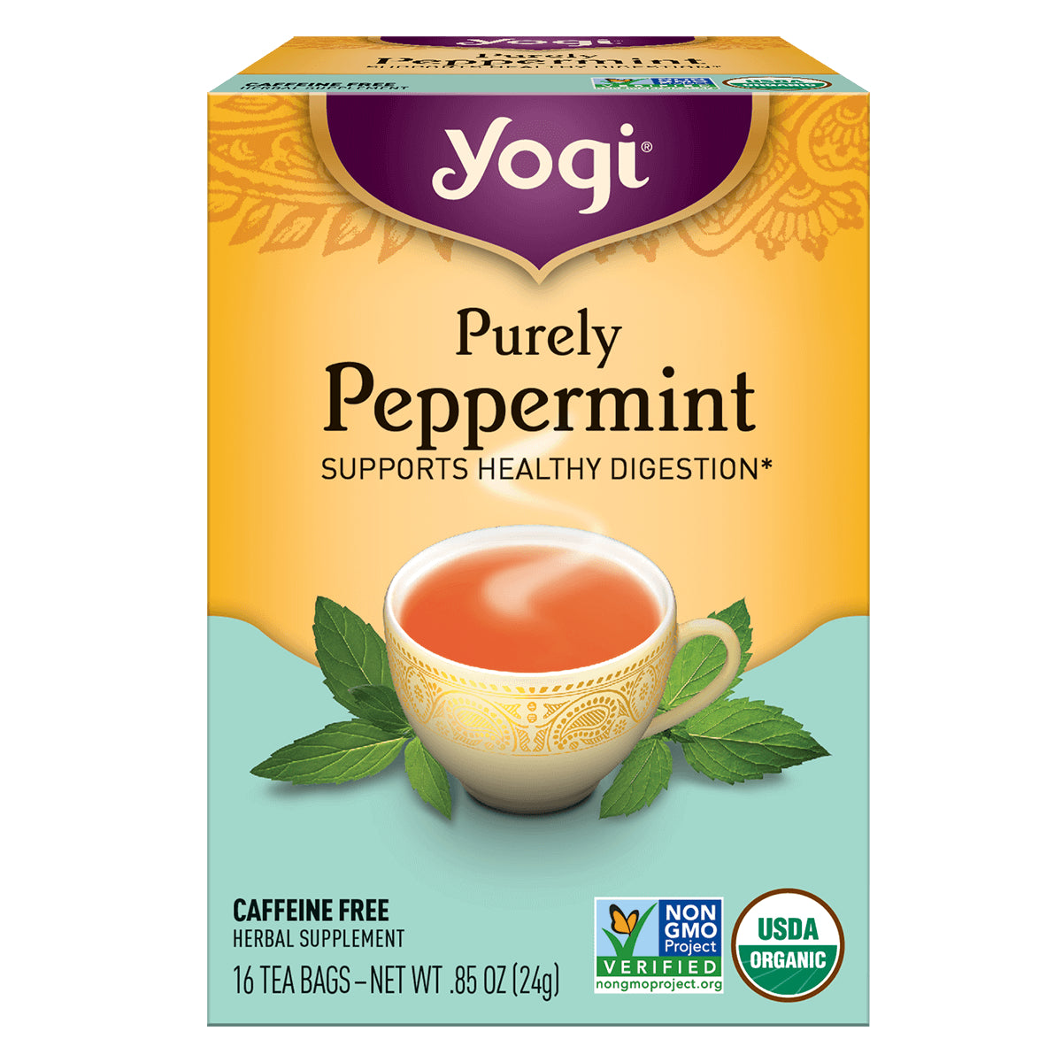 AHW027 | Yogi Purely Peppermint tea box front, supports healthy digestion, caffeine free, 16 tea bags, USDA Organic