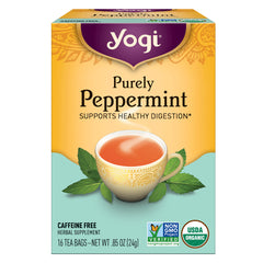 AHW027 | Yogi Purely Peppermint tea box front, supports healthy digestion, caffeine free, 16 tea bags, USDA Organic