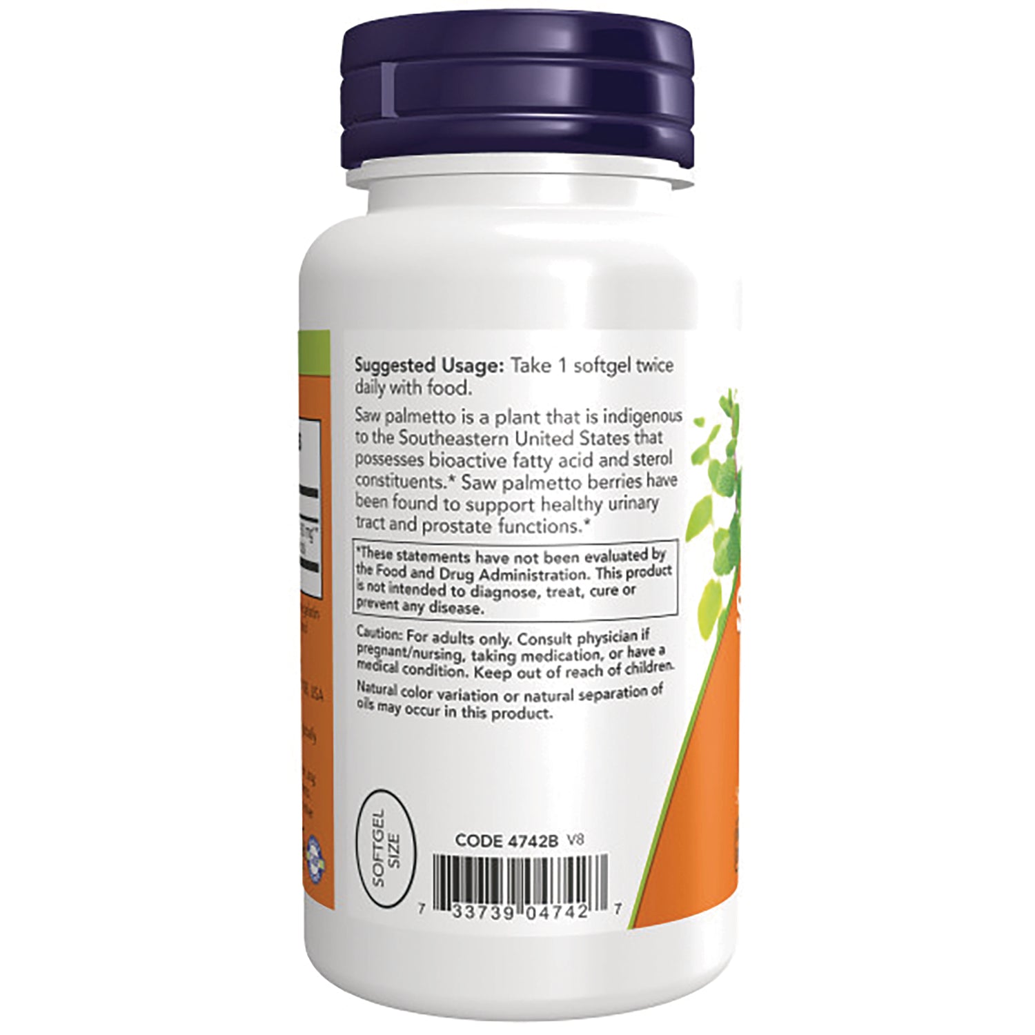 NWF1061 | Back of white supplement bottle with purple cap showing suggested usage, caution box, barcode and plant graphic