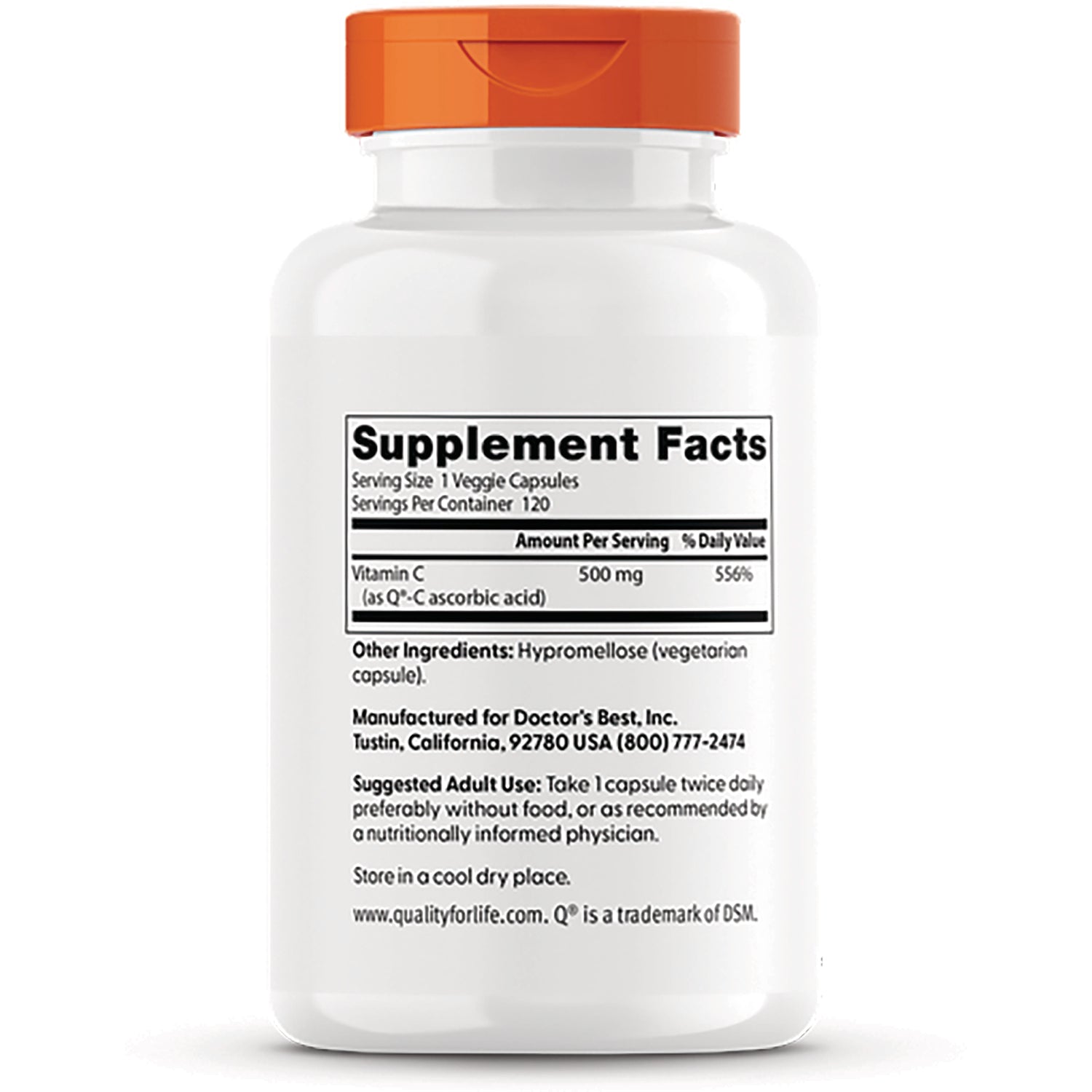 DB215 | Back label showing Supplement Facts, Vitamin C 500 mg per serving and suggested adult use