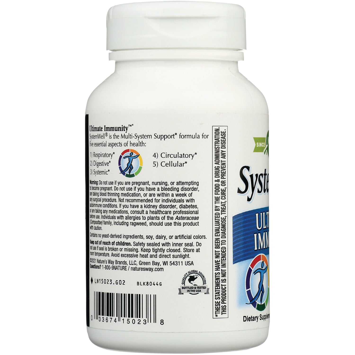 NW574 | bottle back label showing product infographic, warnings, ingredients, and barcode