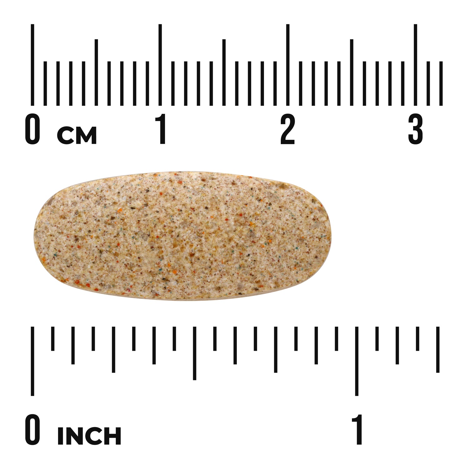 SWU766 | Beige speckled oblong tablet shown with rulers in cm and inches for size