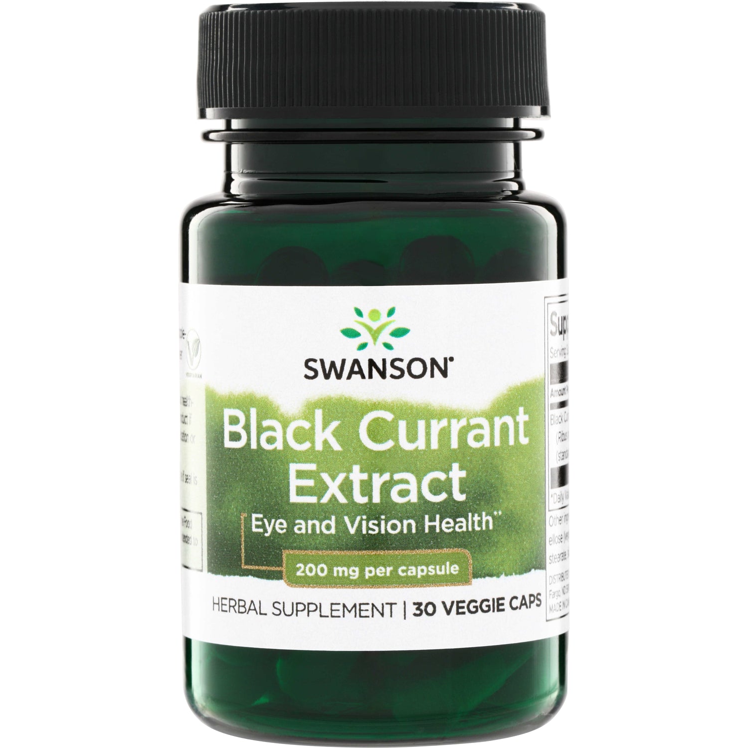 SWH203 | Swanson Black Currant Extract supplement bottle, Eye and Vision Health, 200 mg per capsule, 30 veggie caps
