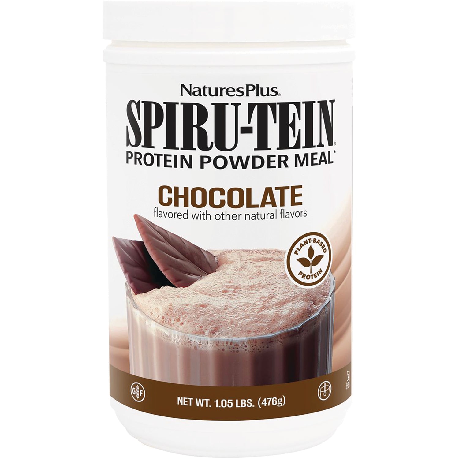 NTP080 | NaturesPlus SPIRU-TEIN protein powder meal chocolate flavor front label with chocolate shake