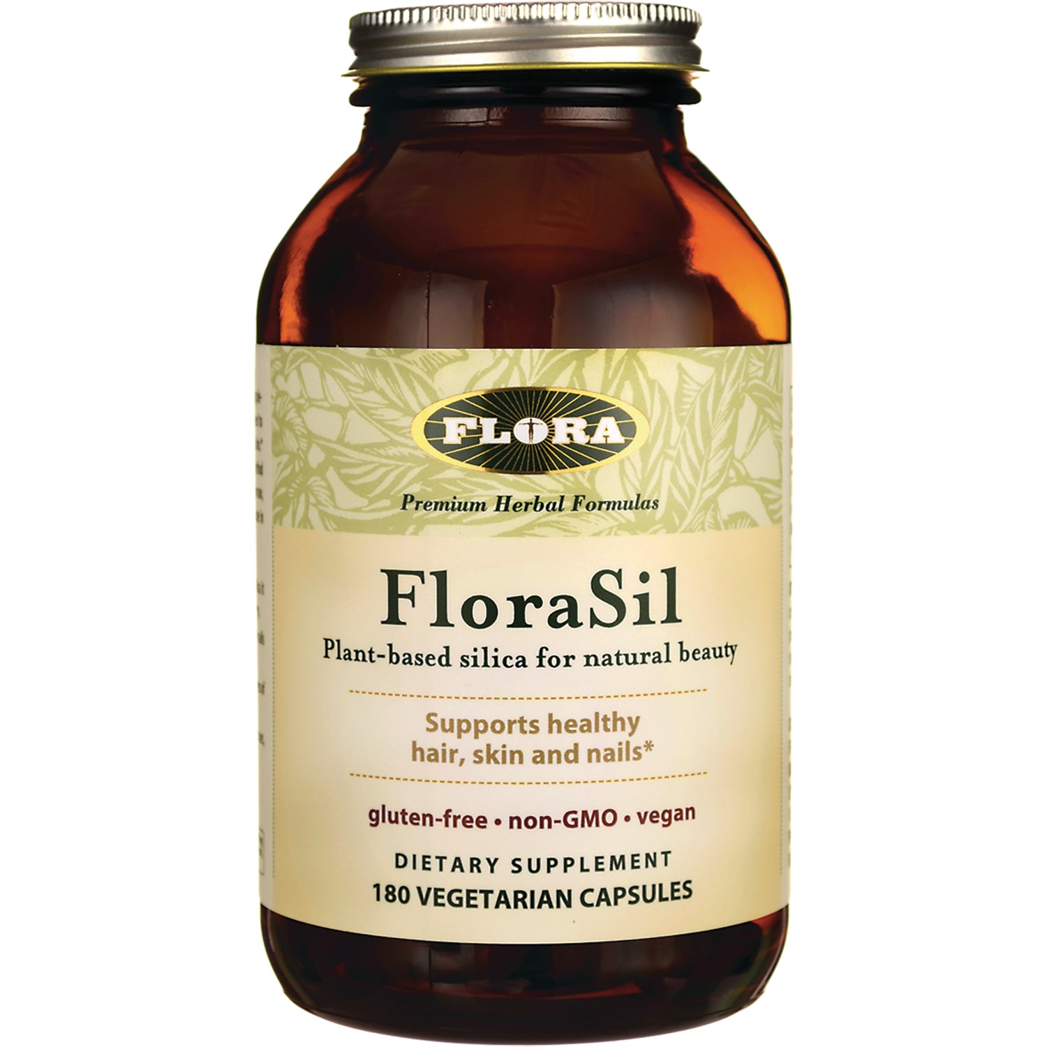 FL025 | Amber glass bottle of FloraSil plant-based silica dietary supplement, 180 vegetarian capsules, supports healthy hair, skin and nails