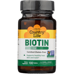CRL238 | Country Life Biotin 1 mg amber bottle front label certified gluten-free 100 tablets