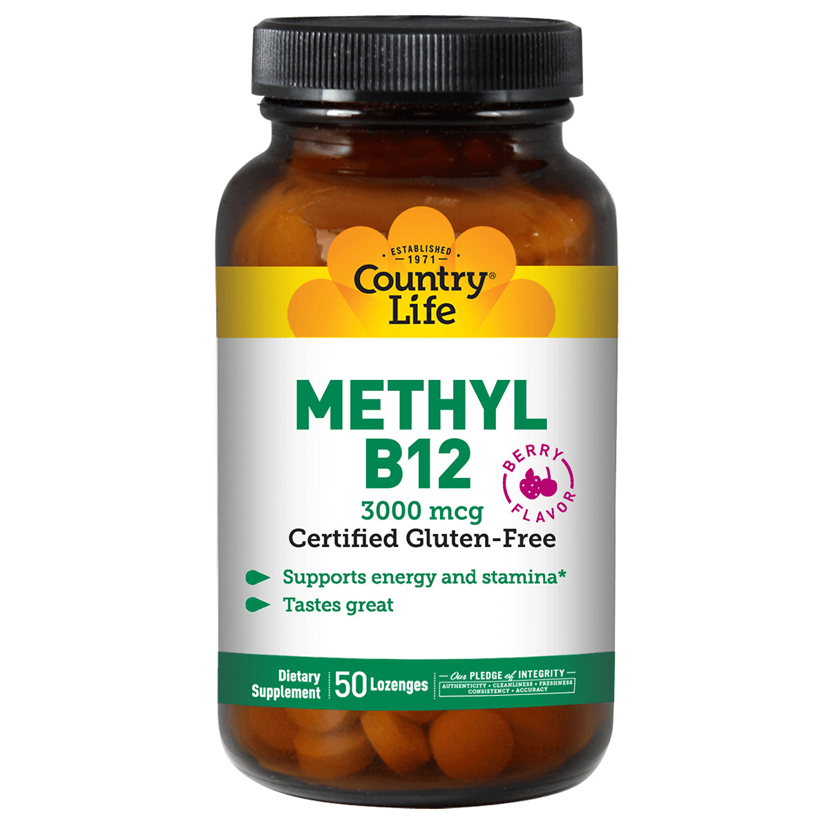 CRL262 | Country Life Methyl B12 3000 mcg berry flavor dietary supplement bottle front, 50 lozenges visible