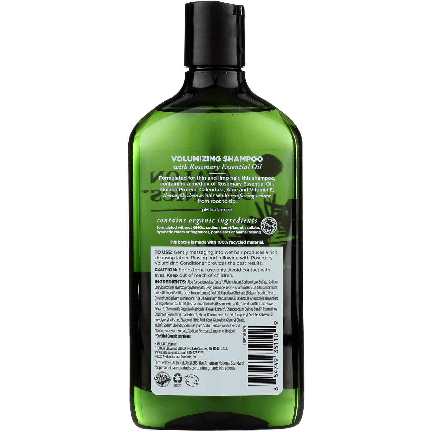 AVL048 | Back label of green volumizing shampoo bottle showing directions, ingredients, and barcode