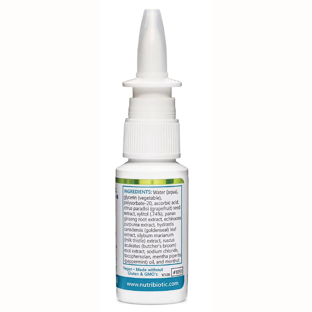 NUB015 | Back of white nasal spray bottle showing ingredient list label and www.nutribiotic.com text - Thumbnail