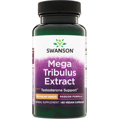 SWP032 | Swanson Mega Tribulus Extract supplement bottle, Testosterone Support, 250 mg per capsule, 60 vegan capsules