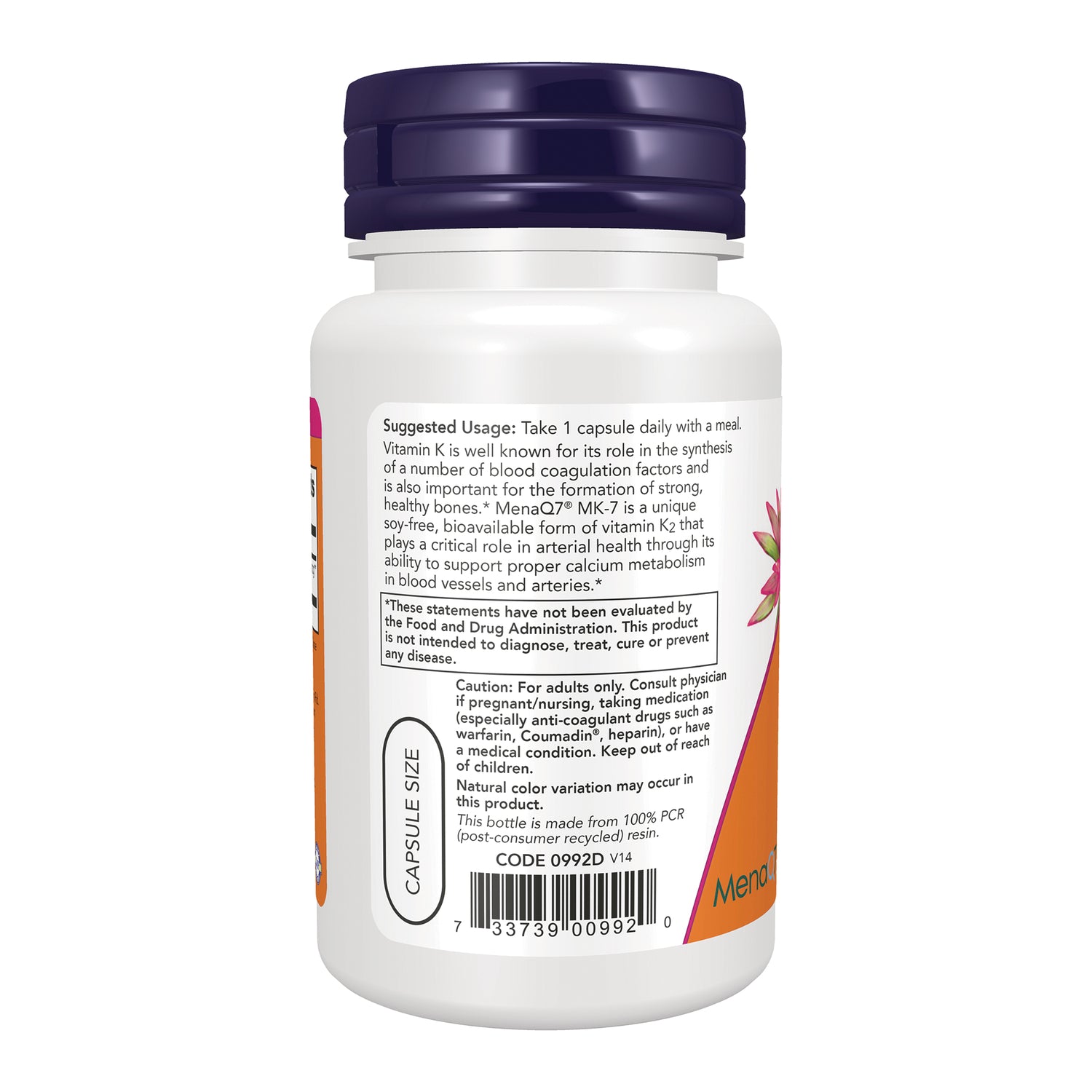 NWF989 | Back label of white supplement bottle showing suggested usage, caution, barcode and capsule size
